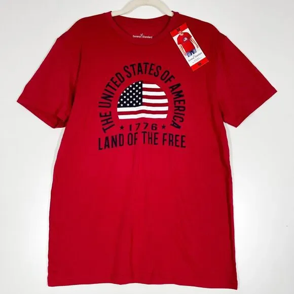 General Standard Land Of The Free T-Shirt Mens Red Pullover Cotton Sz Medium NEW - Picture 1 of 8